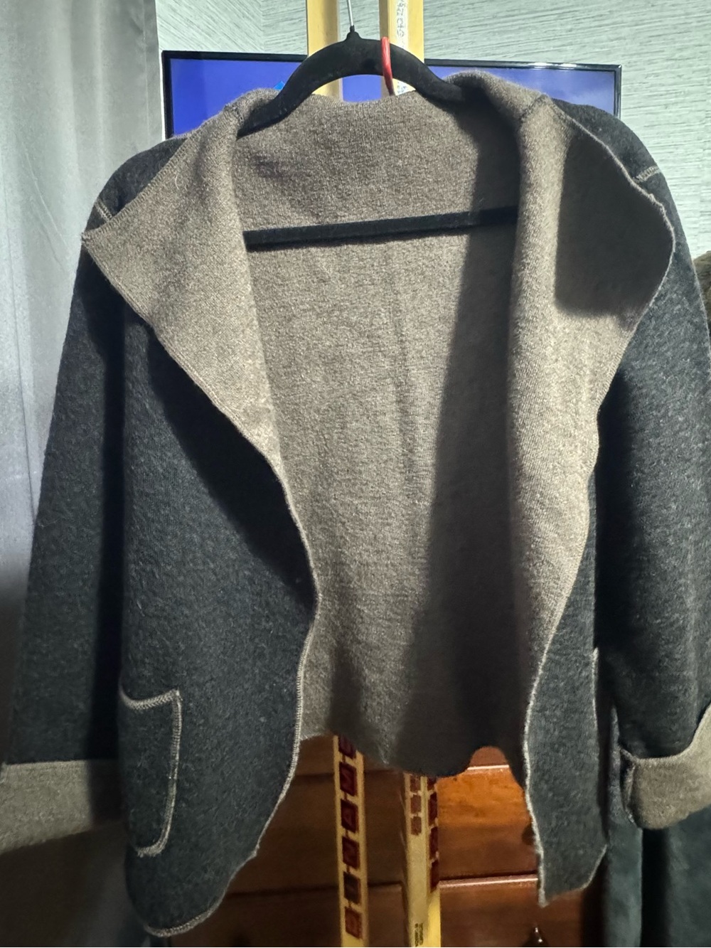 Reversible Hooded Wool Open Cardigan - Charcoal & Taupe! 100% wool!